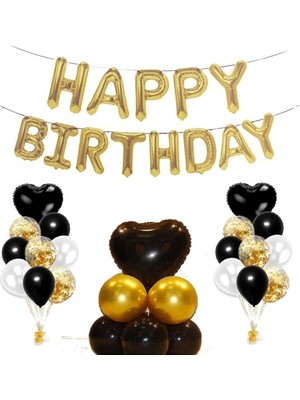 Rönesans Parti Siyah Kalp Folyo Happy Bırthday Doğum Günü Seti