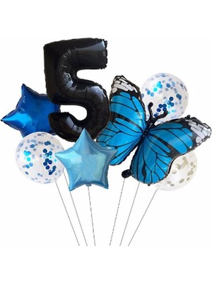 Rönesans Parti Mavi Kelebek Balon Set Yıldız Balon Folyo Set Doğum Günü Set Yaş 5