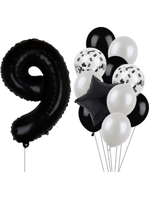 Rönesans Parti Siyah Rakam Folyo ve Latex Balon Seti Yaş 9