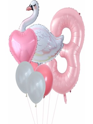 Rönesans Parti Kuğu Balon Pembe Rakam Kalpfolyo Balon Set Yaş 1