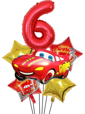 Rönesans Parti Kırmızı Araba Yıldız Rakam Folyo Balon Seti Yaş 6
