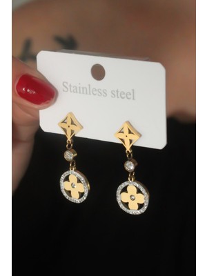 Stainless Steel Gold Renk Papatya Figür Zirkon Taş Detay Çelik Kadın Küpe