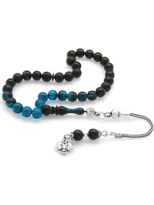 Tesbihname 925 Ayar Gümüş Püsküllü Küre Kesim Bilek Boy Süzme Turkuaz-Siyah Ateş Kehribar Tesbih