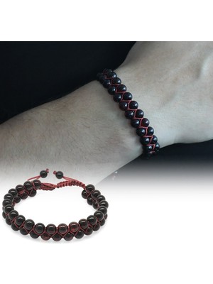 Okyanus Silver Çift Sıra Makrome Örgülü Küre Kesim Kırmızı Doğal Damla Kehribar Erkek Bileklik