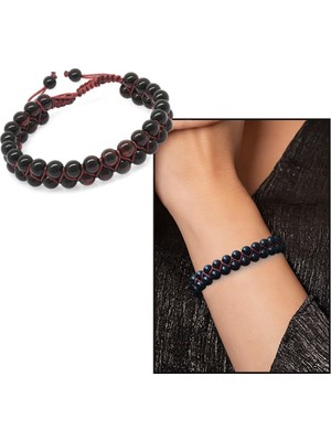 Okyanus Silver Çift Sıra Makrome Örgülü Küre Kesim Kırmızı Doğal Damla Kehribar Kadın Bileklik