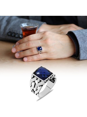 Okyanus Silver Zincir Faset Mavi Zirkon Taşlı 925 Ayar Gümüş Erkek Yüzük