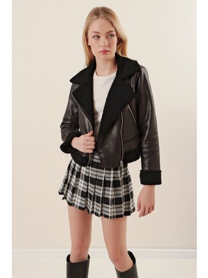 Bigdart Kadın Kruvaze Yaka Suni Kürklü Deri Ceket 100 Polyester Siyah Renk