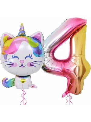 Rönesans Parti Unicorn Kedi Balon Gökkuşağı Renkli Sayı Doğum Günü Set Yaş 4