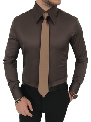Terzi Adem italyan stil slim fit sivri yaka saten erkek gömlek Kahverengi T7211