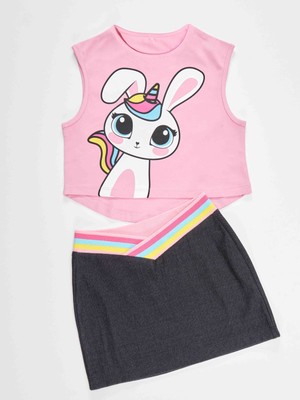 Denokids Unicorn Tavşan Kız Çocuk T-Shirt Etek Takım10