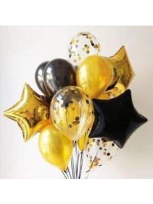 Best Parti Siyah Gold Konfetili Folyo Yıldızlı Balon Seti