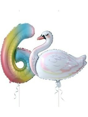 Best Parti Kuğu Balon Gökkuşağı Rakam Folyo Balon Set Yaş 6