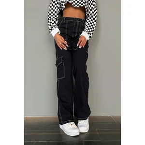 Makras Exclusive Kadın Yüksek Bel Beyaz Dikişli Siyah Kargo Cep Jeans Kargo Cep Kot Pantolon( 1 Beden Büyük Alın )