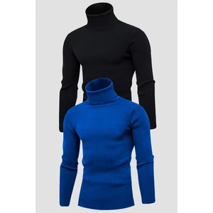Unisex 2’li Hazır Paket Siyah - Mavi Balıkçı Yaka Kaşkorse Şardonlu Slimfit Boğazlı Kazak