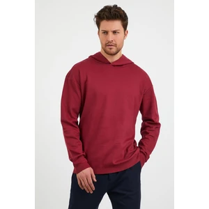Erkek Comfort Fit Kapüşonlu Düz Sweatshirt Bordo