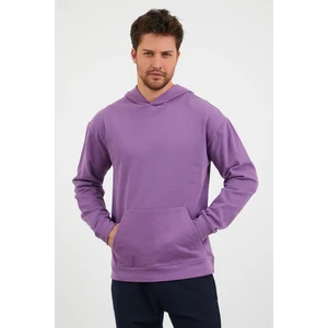 Erkek Kanguru Cepli Rahat Kalıp Kapüşonlu Spor Sweatshirt Mor