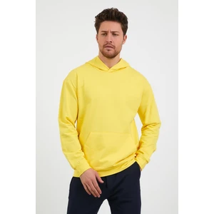 Erkek Kanguru Cepli Rahat Kalıp Kapüşonlu Spor Sweatshirt Sarı
