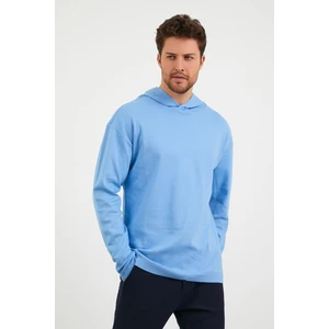 Erkek Comfort Fit Kapüşonlu Düz Sweatshirt Mavi