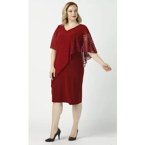 Moda Berray 4051 Bordo Pelerinli Esnek Kumaş  Büyük Beden Elbise