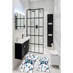 Marka Halı Dijital Baskılı  Mavi Kelebek Desenli Yıkanabilir Kaymaz Taban 2li Banyo Halısı Paspas Klozet Takım