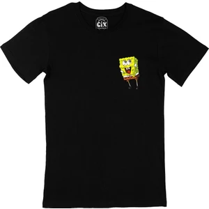 Cix Sünger Bob Cep Logo Tasarımlı Siyah Tişört