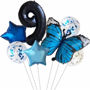 Bal10 Dünyası Mavi Kelebek Balon Set Yıldız Balon Folyo Set Doğum Günü Set Yaş 9