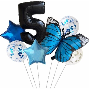 Bal10 Dünyası Mavi Kelebek Balon Set Yıldız Balon Folyo Set Doğum Günü Set Yaş 5