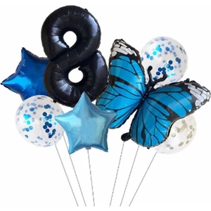 Bal10 Dünyası Mavi Kelebek Balon Set Yıldız Balon Folyo Set Doğum Günü Set Yaş 8