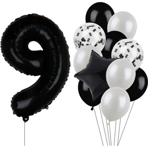 Bal10 Dünyası Siyah Rakam Folyo ve Latex Balon Seti Yaş 9