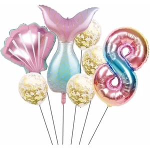 Best Parti Deniz Kızı Kuyruk Folyo Set Konsept Doğum Günü Set 8 Yaş Balon