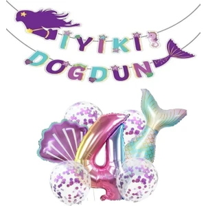 Best Parti Deniz Kızı Iyiki Doğdun Folyo Balon Doğum Günü Set 4 Yaş