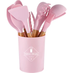 Ahşap Saplı Silikon 12'li Mutfak Aracı Spatula Kaşık Seti (Yurt Dışından)