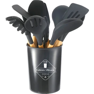 Ahşap Saplı Silikon 12'li Mutfak Aracı Spatula Kaşık Seti (Yurt Dışından)