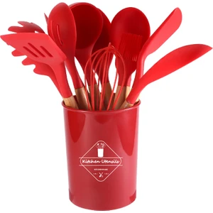 Ahşap Saplı Silikon 12'li Mutfak Aracı Spatula Kaşık Seti (Yurt Dışından)