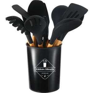 Ahşap Saplı Silikon 12'li Mutfak Aracı Spatula Kaşık Seti (Yurt Dışından)