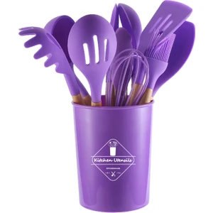 Ahşap Saplı Silikon 12'li Mutfak Aracı Spatula Kaşık Seti (Yurt Dışından)