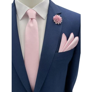 Şeker Pembe Kravat Mendil Yaka Çiçeği Set