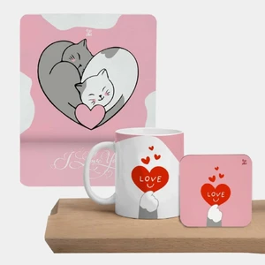 Sevgililer Günü Love Cats Kare Mousepad, Kupa ve Bardak Altlığı Seti