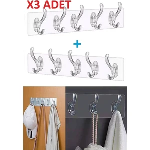 3 Adet Kendinden Yapışkanlı Güçlü Şeffaf 5'li Askılık - Kapı Arkası Mutfak Duvar Banyo
