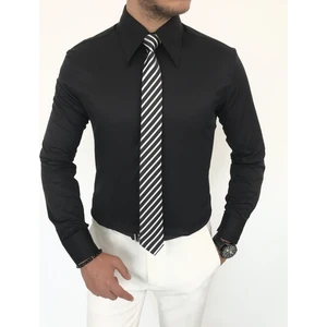 Terzi Adem Italyan Stil Slim Fit Sivri Yaka Saten Erkek Gömlek Siyah T7207