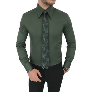 Terzi Adem Italyan Stil Slim Fit Sivri Yaka Saten Erkek Gömlek Yeşil T7209