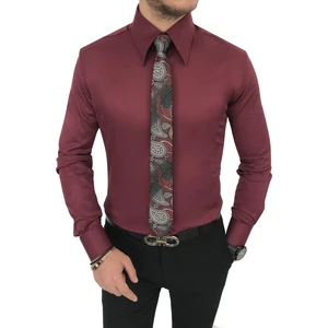 Terzi Adem italyan stil slim fit sivri yaka saten erkek gömlek Bordo T7212