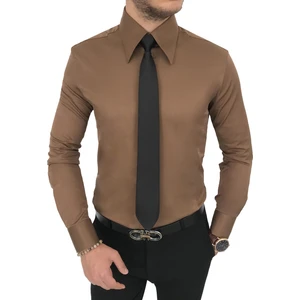 Terzi Adem Italyan Stil Slim Fit Sivri Yaka Saten Erkek Gömlek Açık Kahve T7210