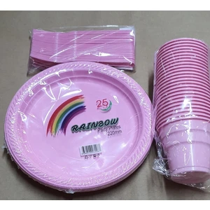 Pembe Tabak Bardak Çatal Seti Plastik 25KIŞILIK