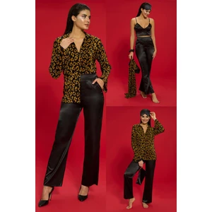 for you in&out 6'lı Pliseli Leopar Bustiyerli Siyah Pijama Takım S27568