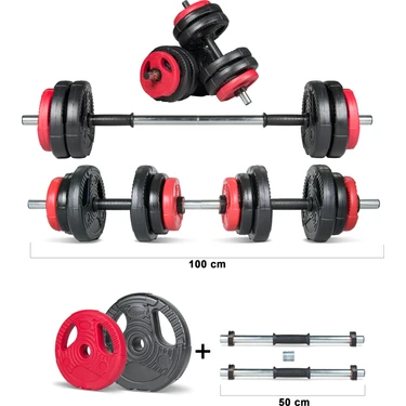 Ecgspor Yıldız Serisi 17 kg Multifonksiyonel Kırmızı Siyah Halter Seti ve Dambıl