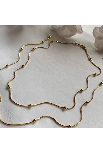 Gena Moda Gold Renk Paslanmaz Çelik Dorikalı,ikili Kombin (Toplu Kolye 60 cm + 45 cm )