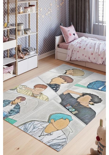 BTS Pamuklu Dokuma Tabanlı Yıkanabilir Dekoratif Halı