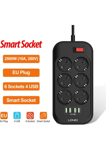 3.4A Auto 4 Port USB Girişli 6'lı Akım Korumalı Priz