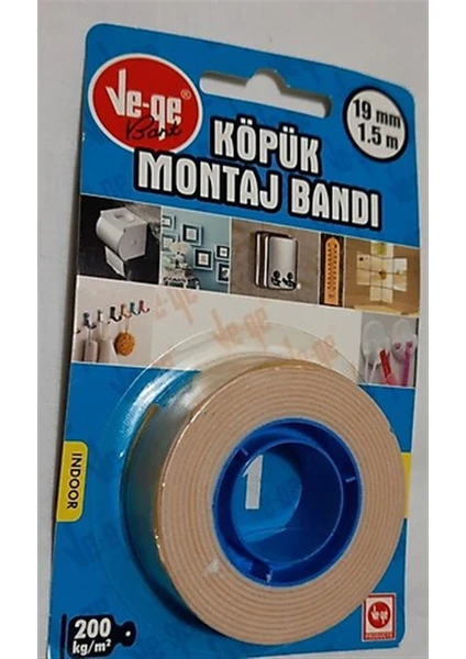 Vege Çift Taraflı Köpük Montaj Bandı (Iç Ortam) 19MM x 1.5mt